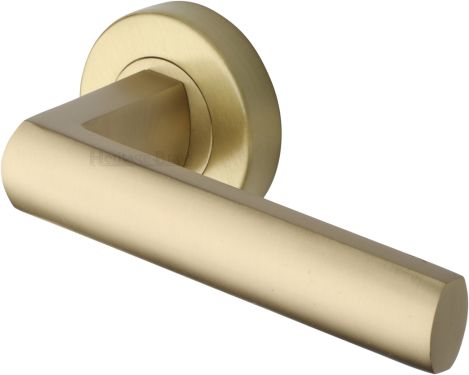 Click Here To Enlarge This Photo Of V6230-SB Heritage Brass Door Handle Lever Latch on Round Rose Poseidon Design Satin Brass finish