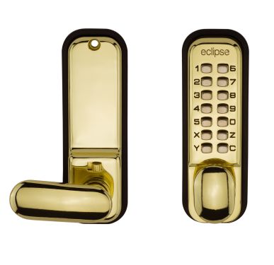 Click Here To Enlarge This Photo Of Eclipse ED20 Easy Code Change Mechanical Push Button Digital Lock with Holdback - Polished Brass (70251)