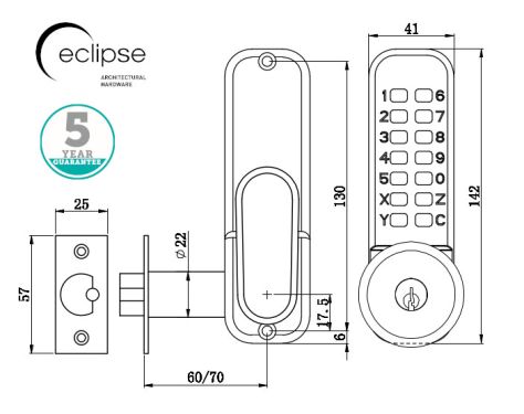 Click Here To Enlarge This Photo Of Eclipse ED20KO Key Override Mechanical Push Button Digital Lock - Satin Chrome (70263)