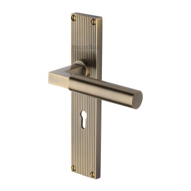 Click Here To Enlarge This Photo Of RR7300-AT Heritage Brass Bauhaus Reeded Backplate Lever Lock Antique Brass finish