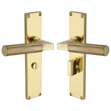 Click Here To Enlarge This Photo Of VT9330-PB Heritage Brass Bauhaus Knurled Bathroom Set Door Handle on 200mm Plate Polished Brass finish