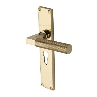 Click Here To Enlarge This Photo Of VT9348-PB Heritage Brass Bauhaus Knurled Euro Profile Door Handle on 200mm Plate Polished Brass finish