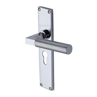 Click Here To Enlarge This Photo Of VT9348-PC Heritage Brass Bauhaus Knurled Euro Profile Door Handle on 200mm Plate Polished Chrome finish