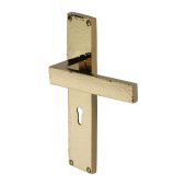 VTH3300-PB Heritage Brass Delta Hammered Lever Lock Door Handle on 200mm Plate Polished Brass finish