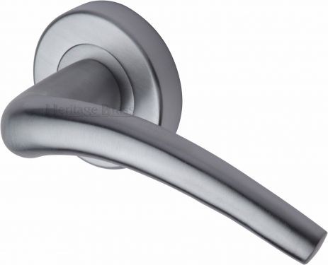 Click Here To Enlarge This Photo Of V1121-SC Heritage Brass Door Handle Lever Latch on Round Rose Wing Design Satin Chrome Finish