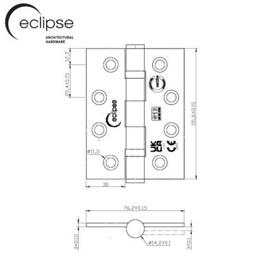 Click Here To Enlarge This Photo Of Eclipse PK853 Grade 13 Polished Stainless Steel Ball Bearing Hinges 102 x 76 x 3mm &lpar;Pack of 3&rpar;