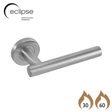 Click Here To Enlarge This Photo Of Eclipse 34436 Satin Stainless Steel 19mm Straight T Bar Lever on Round Rose Set