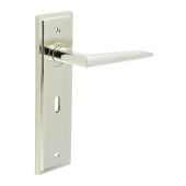 BUR10KIT165 Frelan Hardware Burlington Mayfair Door Handles on 57mm Lock Backplate Polished Nickel