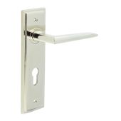 BUR10KIT168 Frelan Hardware Burlington Mayfair Door Handles on 72mm Din Euro Backplate Polished Nickel