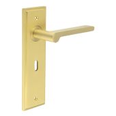 BUR15KIT243 Frelan Hardware Burlington Fitzrovia Door Handles on 57mm Lock Backplate Satin Brass