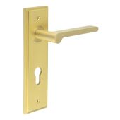 BUR15KIT246 Frelan Hardware Burlington Fitzrovia Door Handles on 72mm Din Euro Backplate Satin Brass