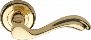 V1601-PB Heritage Brass Door Handle Lever Latch on Round Rose Lisboa Design Polished Brass Finish