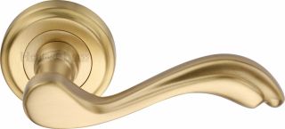 V1601-SB Heritage Brass Door Handle Lever Latch on Round Rose Lisboa Design Satin Brass Finish