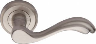 V1601-SN Heritage Brass Door Handle Lever Latch on Round Rose Lisboa Design Satin Nickel Finish