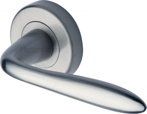 Click Here To Enlarge This Photo Of V1750-SC Heritage Brass Door Handle Lever Latch on Round Rose Sutton Design Satin Chrome Finish
