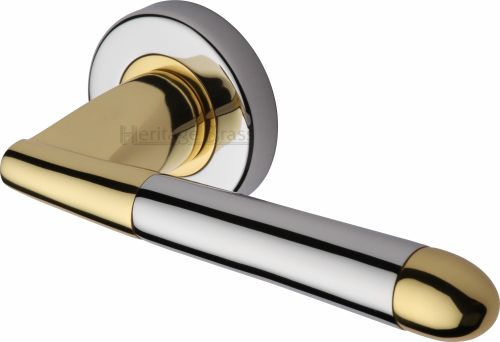 Click Here To Enlarge This Photo Of V1850-CB Heritage Brass Door Handle Lever Latch on Round Rose Turin Design Chrome & Brass Finish