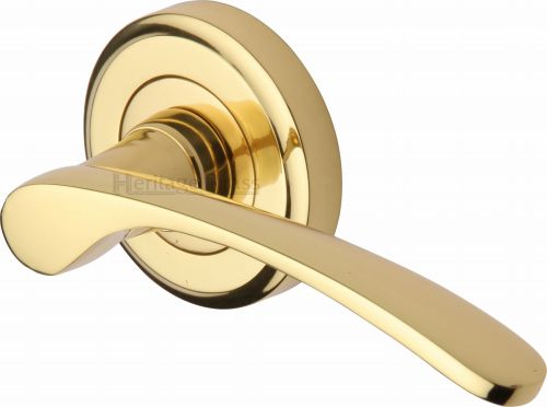 Click Here To Enlarge This Photo Of V1900-PB Heritage Brass Door Handle Lever Latch on Round Rose Sophia Design Polished Brass Finish