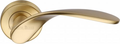 Click Here To Enlarge This Photo Of V1950-SB Heritage Brass Door Handle Lever Latch on Round Rose Volo Design Satin Brass Finish