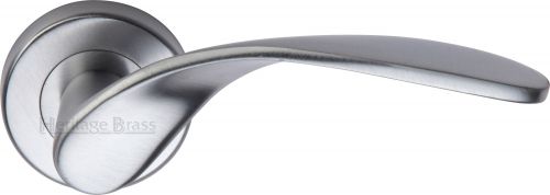 Click Here To Enlarge This Photo Of V1950-SC Heritage Brass Door Handle Lever Latch on Round Rose Volo Design Satin Chrome Finish