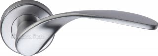 V1950-SC Heritage Brass Door Handle Lever Latch on Round Rose Volo Design Satin Chrome Finish