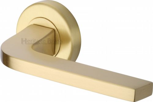 Click Here To Enlarge This Photo Of V2015-SB Heritage Brass Door Handle Lever on Rose Bellagio Design Satin Brass Finish