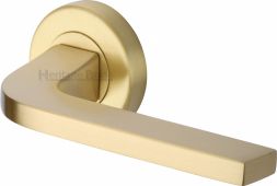 V2015-SB Heritage Brass Door Handle Lever on Rose Bellagio Design Satin Brass Finish