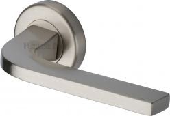 V2015-SN Heritage Brass Door Handle Lever on Rose Bellagio Design Satin Nickel Finish