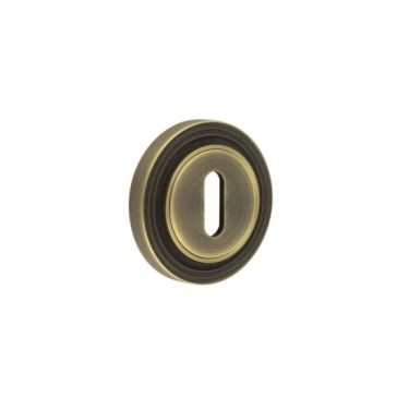 Click Here To Enlarge This Photo Of BUR-60AB-74AB Frelan Hardware Burlington Standard Keyway Escutcheon on Reeded Rose Antique Brass