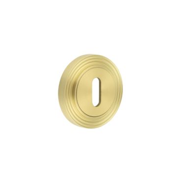Click Here To Enlarge This Photo Of BUR-60SB-74SB Frelan Hardware Burlington Standard Keyway Escutcheon on Reeded Rose Satin Brass