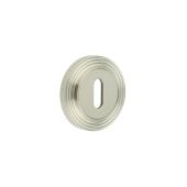 BUR-60SN-74SN Frelan Hardware Burlington Standard Keyway Escutcheon on Reeded Rose Satin Nickel