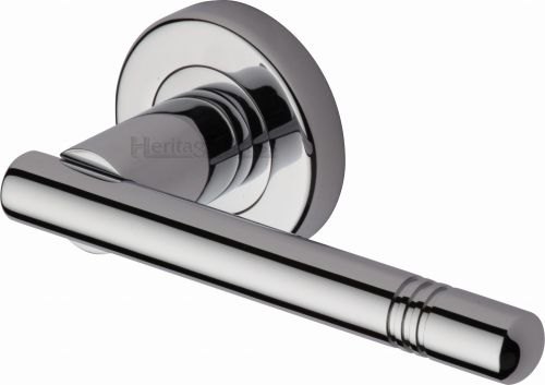 Click Here To Enlarge This Photo Of V2100-PC Heritage Brass Door Handle Lever Latch on Round Rose Alicia Design Polished Chrome Finish