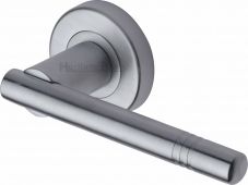 V2100-SC Heritage Brass Door Handle Lever Latch on Round Rose Alicia Design Satin Chrome Finish
