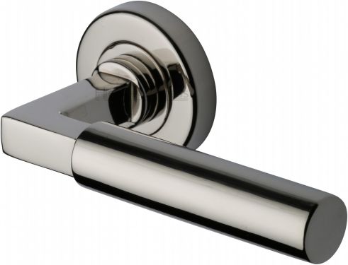 Click Here To Enlarge This Photo Of V2259-PNF Heritage Brass Door Handle Lever on Rose Bauhaus Design Polished Nickel Finish