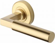 V2259-SB Heritage Brass Door Handle Lever on Rose Bauhaus Design Satin Brass Finish