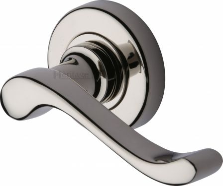Click Here To Enlarge This Photo Of V3010-PNF Heritage Brass Door Handle Lever Latch on 53mm Round Rose Bedford Design Polished Nickel Finish