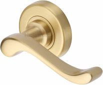 V3010-SB Heritage Brass Door Handle Lever Latch on 53mm Round Rose Bedford Design Satin Brass Finish