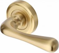 V3020-SB Heritage Brass Door Handle Lever Latch on Round Rose Charlbury Design Satin Brass Finish