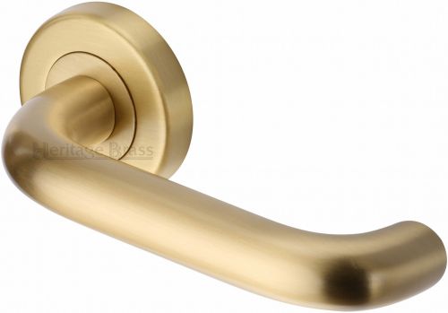 Click Here To Enlarge This Photo Of V3090-SB Heritage Brass Door Handle Lever Latch on Round Rose Harmony Design Satin Brass Finish