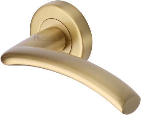 Click Here To Enlarge This Photo Of V3490-SB Heritage Brass Door Handle Lever Latch on Round Rose Centaur Design Satin Brass Finish