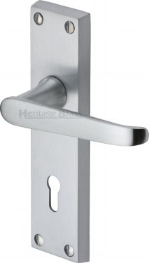 Click Here To Enlarge This Photo Of V3900-SC Heritage Brass Door Handle Lever Lock Victoria Design Satin Chrome Finish