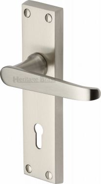 Click Here To Enlarge This Photo Of V3900-SN Heritage Brass Door Handle Lever Lock Victoria Design Satin Nickel Finish