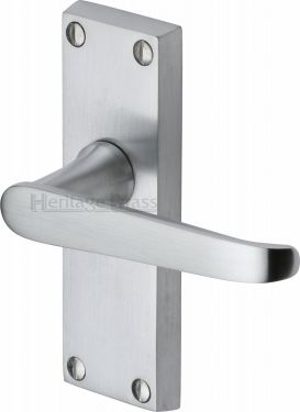 Click Here To Enlarge This Photo Of V3910-SC Heritage Brass Door Handle Lever Latch Victoria Short Design Satin Chrome Finish