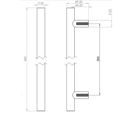 Click Here To Enlarge This Photo Of JSS222A Frelan Hardware Satin Stainless Steel (G304) 25mm Guardsman Pull Handle 400mm x 25mm x 300mm (Bolt Through)
