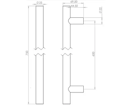 Click Here To Enlarge This Photo Of JSS222C Frelan Hardware Satin Stainless Steel (G304) 25mm Guardsman Pull Handle 750mm x 25mm x 650mm (Bolt Through)