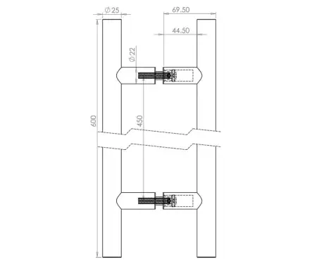 Click Here To Enlarge This Photo Of JSS223B Frelan Hardware Satin Stainless Steel (G304) 25mm Guardsman Pull Handles 600mm x 25mm x 450mm (Back to Back)