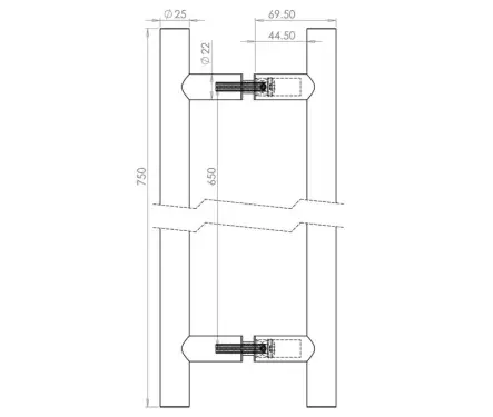 Click Here To Enlarge This Photo Of JSS223C Frelan Hardware Satin Stainless Steel (G304) 25mm Guardsman Pull Handles 750mm x 25mm x 650mm (Back to Back)