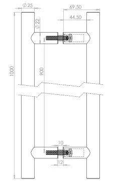 Click Here To Enlarge This Photo Of JSS223D Frelan Hardware Satin Stainless Steel (G304) 25mm Guardsman Pull Handles 1000mm x 25mm x 900mm (Back to Back)