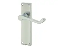 JV11LSC Frelan Hardware Jedo Victorian Scroll Door Handles on Long Latch Plate Satin Chrome