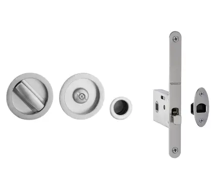 Click Here To Enlarge This Photo Of JV821SC Frelan Hardware Jedo Sliding Door Bathroom Lock with Round Flush Handles & Finger Pull to suit doors 35mm to 38mm Satin Chrome