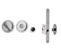 JV821SC Frelan Hardware Jedo Sliding Door Bathroom Lock with Round Flush Handles & Finger Pull to suit doors 35mm to 38mm Satin Chrome